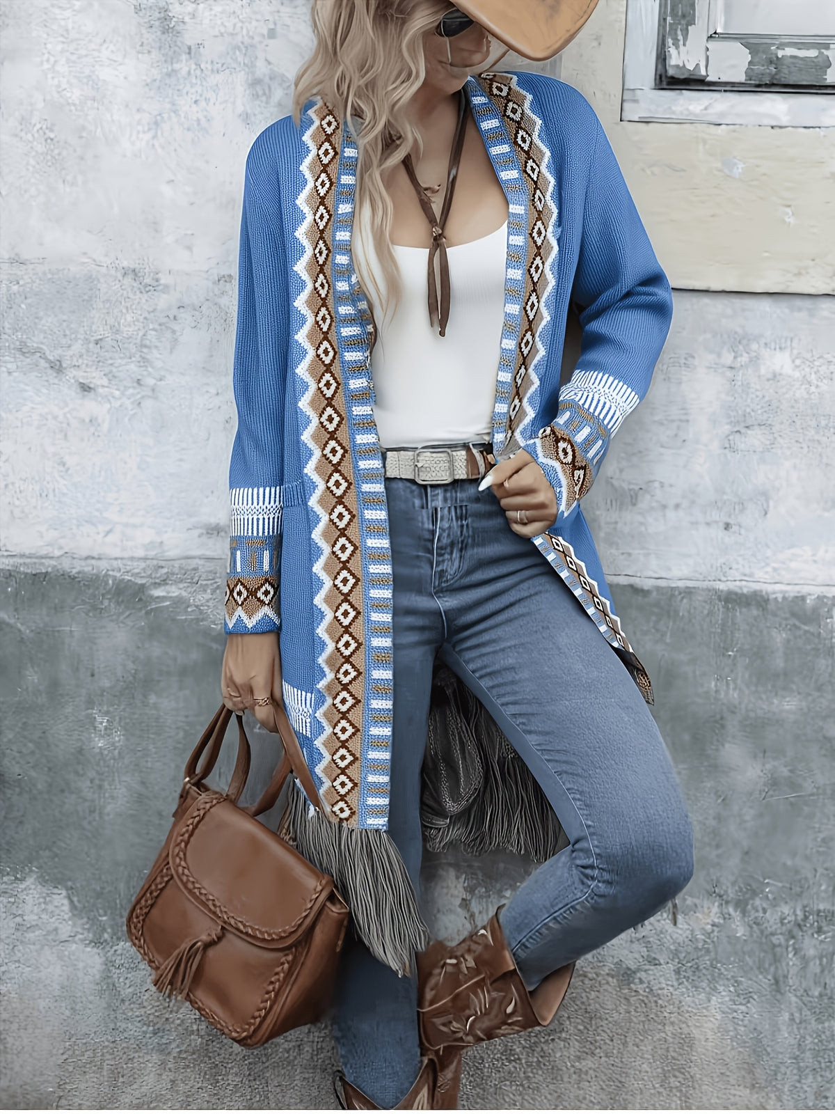 [Bohemian Fringed Cardigan Coat] American Western Bohemian Fringed Cardigan Women'S Retro Color-Block Geometric Pattern Hem Fringed Design Mid-Length Ethnic Style Coat