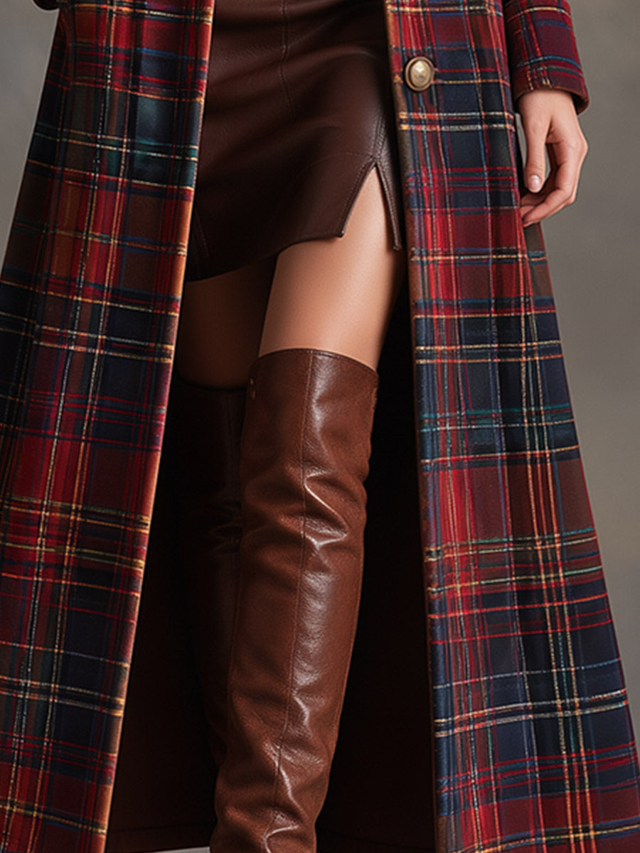 Women's Tartan Plaid Military Style Long Velvet Coat