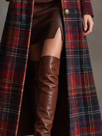 Women's Tartan Plaid Military Style Long Velvet Coat