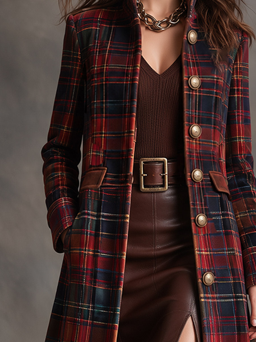 Women's Tartan Plaid Military Style Long Velvet Coat