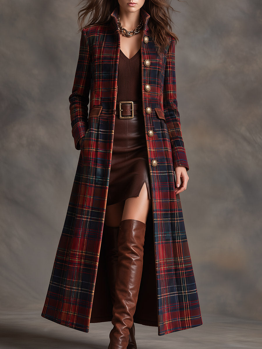 Women's Tartan Plaid Military Style Long Velvet Coat