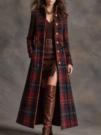 Women's Tartan Plaid Military Style Long Velvet Coat
