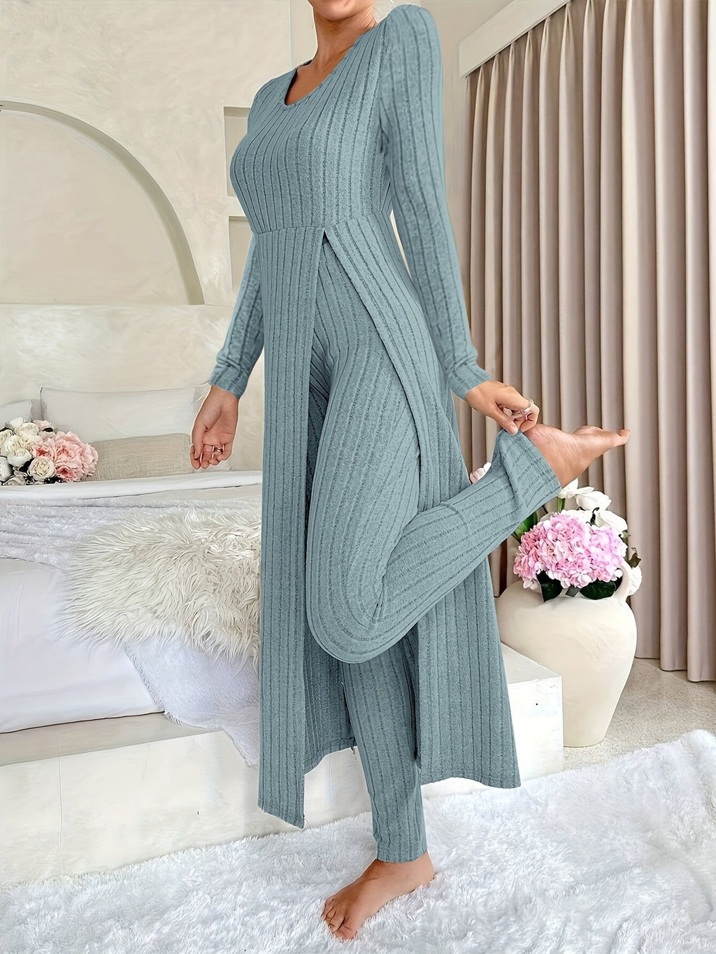 [Designer Ribbed Set] Women's Ribbed 2pcs Set | Designer Round Neck Split Long Sleeve Top and Pants for Spring and Autumn