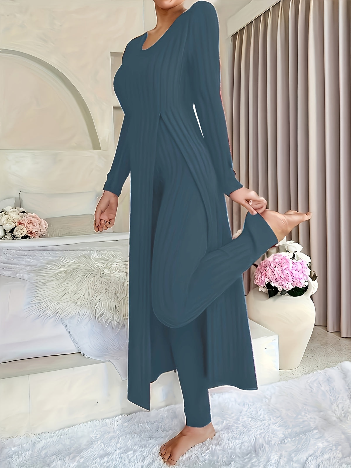 Autumn-Winter Casual Robe and Long Pants Set, High Slit Dress Set, Hair Needle Material, Suitable for Daily Wear, Home Casual Wear
