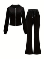 Spring/Summer Black Rhinestone Decorated Hooded Zipper Top and Pocket Pants Women's Casual Suit