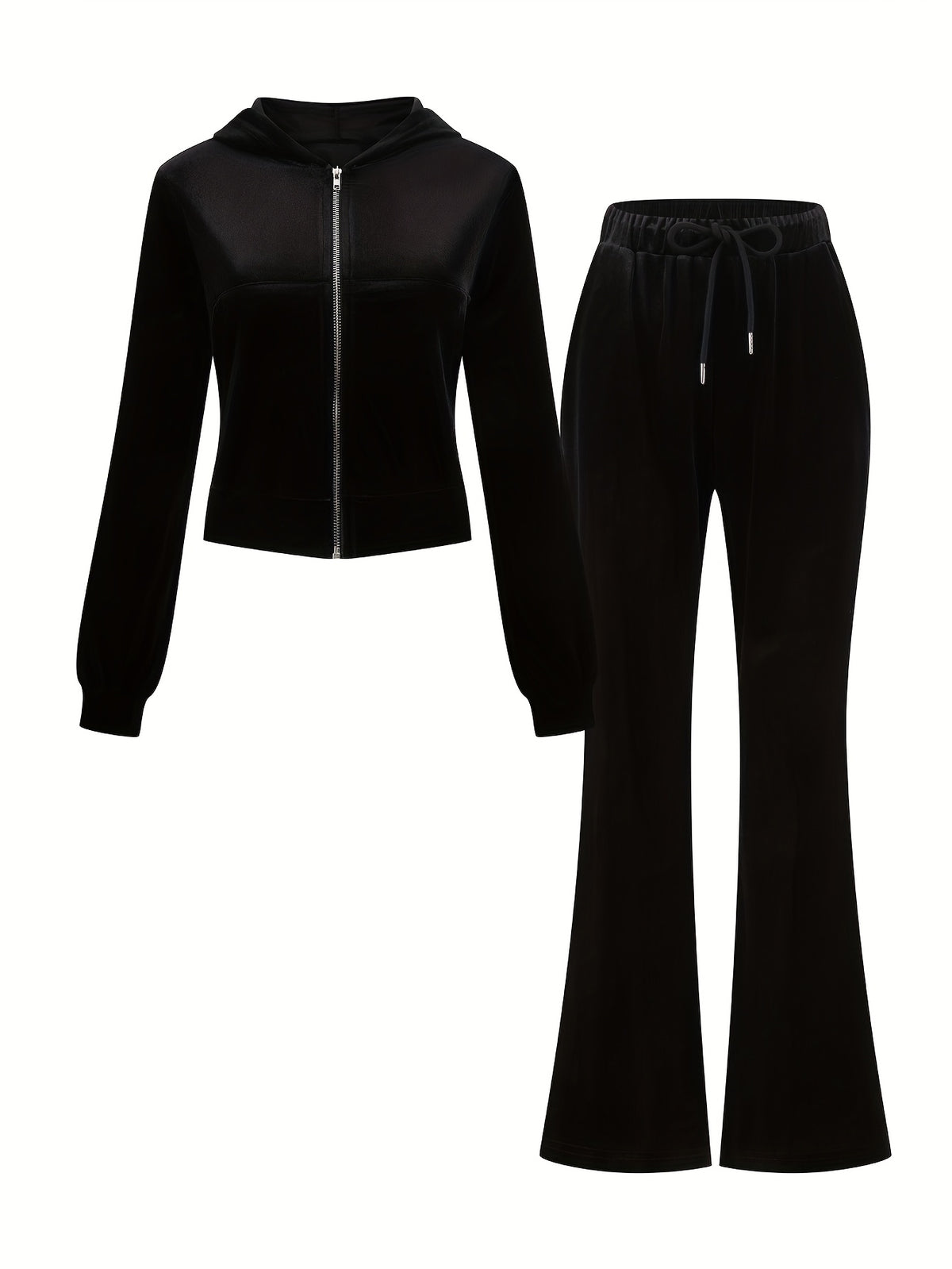 Spring/Summer Black Rhinestone Decorated Hooded Zipper Top and Pocket Pants Women's Casual Suit