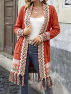 [Bohemian Fringed Cardigan Coat] American Western Bohemian Fringed Cardigan Women'S Retro Color-Block Geometric Pattern Hem Fringed Design Mid-Length Ethnic Style Coat