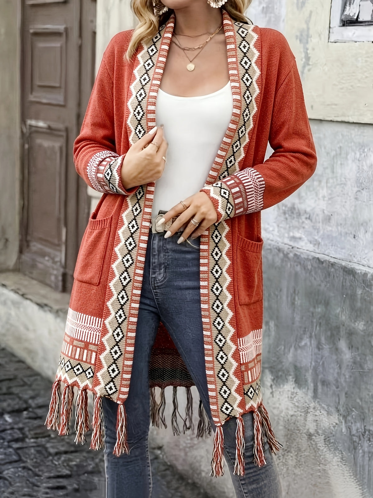 [Bohemian Fringed Cardigan Coat] American Western Bohemian Fringed Cardigan Women'S Retro Color-Block Geometric Pattern Hem Fringed Design Mid-Length Ethnic Style Coat
