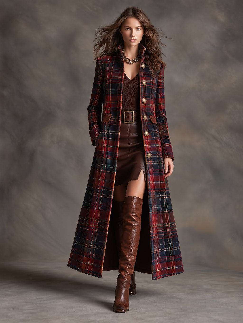 Women's Tartan Plaid Military Style Long Velvet Coat