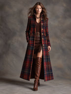 Women's Tartan Plaid Military Style Long Velvet Coat