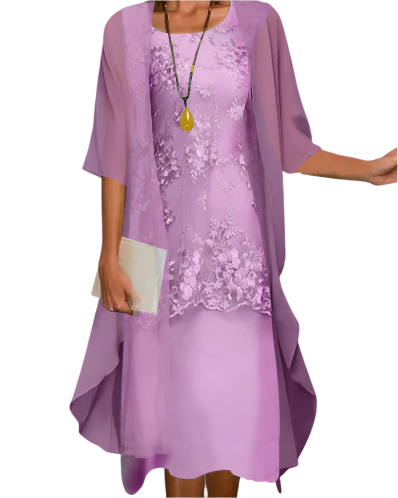 Cayenne | Lace Midi Dress with Sheer Sleeve Overlay for Women