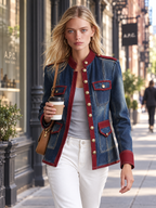 Women’s Military Denim Jacket With Burgundy Trim And Gold Buttons