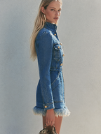 Fringed Denim Mini Dress With Gold Zipper