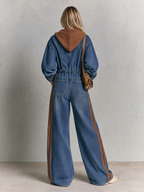 Hooded Wide Leg Denim Jumpsuit With Side Stripes