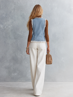 Light Blue Frayed Denim Vest With Gold Button Front