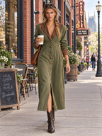 Olive Button Front Maxi Shirt Dress With Contrast Collar