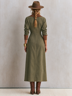 Olive Button Front Maxi Shirt Dress With Contrast Collar