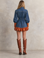 Blue Denim Ruffle Hem Button Front Mini Dress
