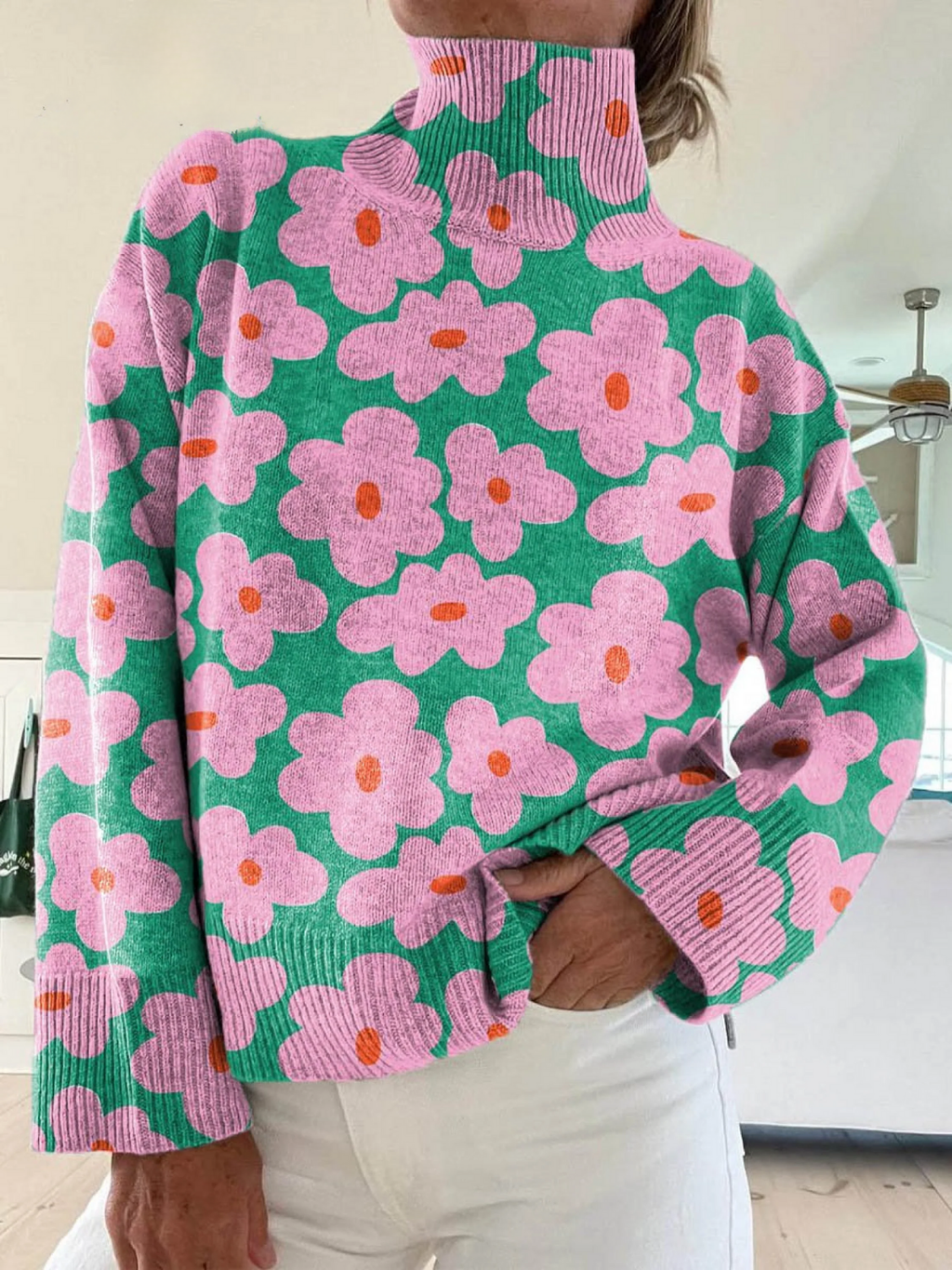 Aspen | Floral Roll Neck Knit Sweater for Women