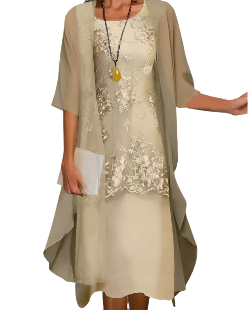 Cayenne | Lace Midi Dress with Sheer Sleeve Overlay for Women