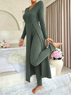 [Designer Ribbed Set] Women's Ribbed 2pcs Set | Designer Round Neck Split Long Sleeve Top and Pants for Spring and Autumn