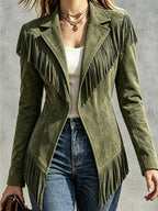 Women'S Casual Fringed Lapel Fitted Long-Sleeve Jacket - Retro And Versatile for Fall And Winter - Affordable Women'S Tops - Fall Women'S Clothing - Halloween Costumes for Women