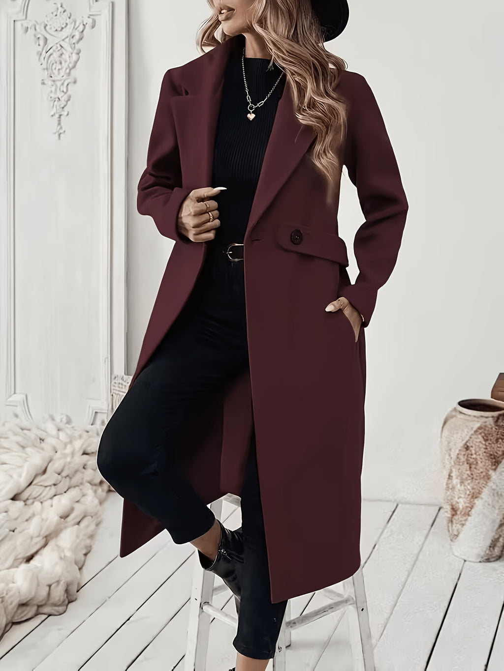 New Autumn/Winter Classic Notched Lapel Long for Women, Waist-Cinching with Tie Belt and Two-Button Design, Over-the-Knee Outerwear, Elegant Commuter Style, Draped and Structured Long-Sleeve with Side Pockets, Simple and Versatile, Slim Fit