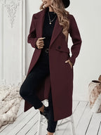 New Autumn/Winter Classic Notched Lapel Long for Women, Waist-Cinching with Tie Belt and Two-Button Design, Over-the-Knee Outerwear, Elegant Commuter Style, Draped and Structured Long-Sleeve with Side Pockets, Simple and Versatile, Slim Fit