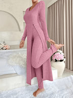 Autumn-Winter Casual Robe and Long Pants Set, High Slit Dress Set, Hair Needle Material, Suitable for Daily Wear, Home Casual Wear