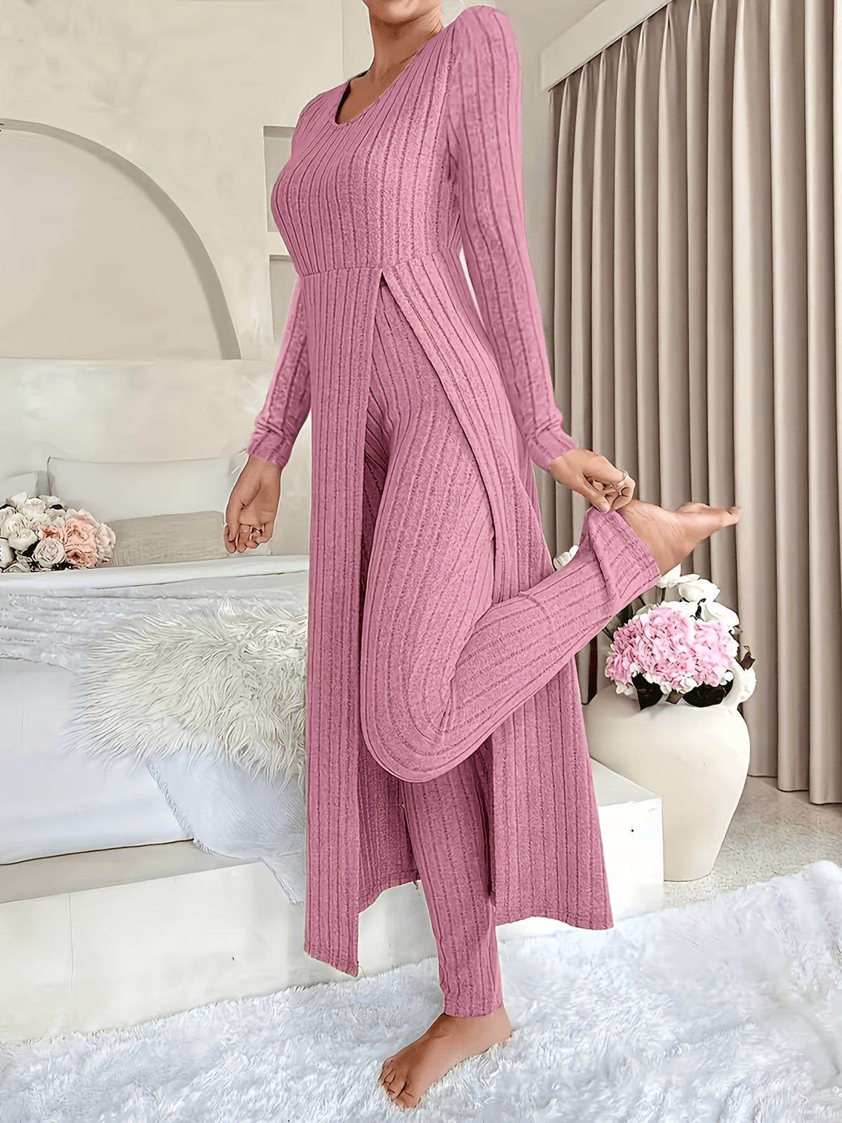 Autumn-Winter Casual Robe and Long Pants Set, High Slit Dress Set, Hair Needle Material, Suitable for Daily Wear, Home Casual Wear