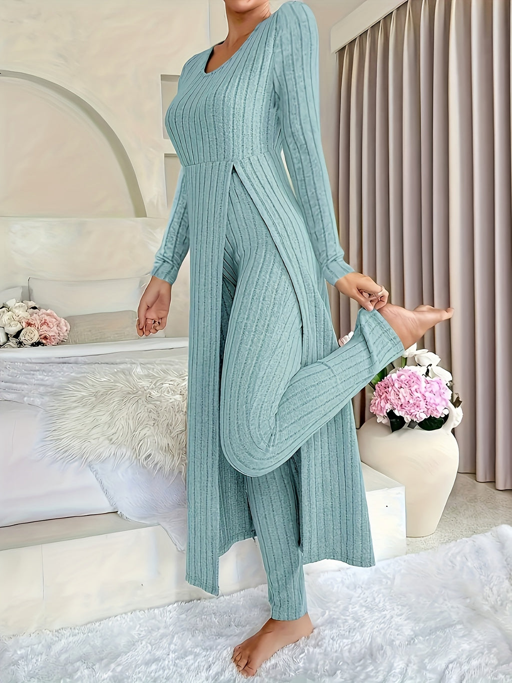 Autumn-Winter Casual Robe and Long Pants Set, High Slit Dress Set, Hair Needle Material, Suitable for Daily Wear, Home Casual Wear