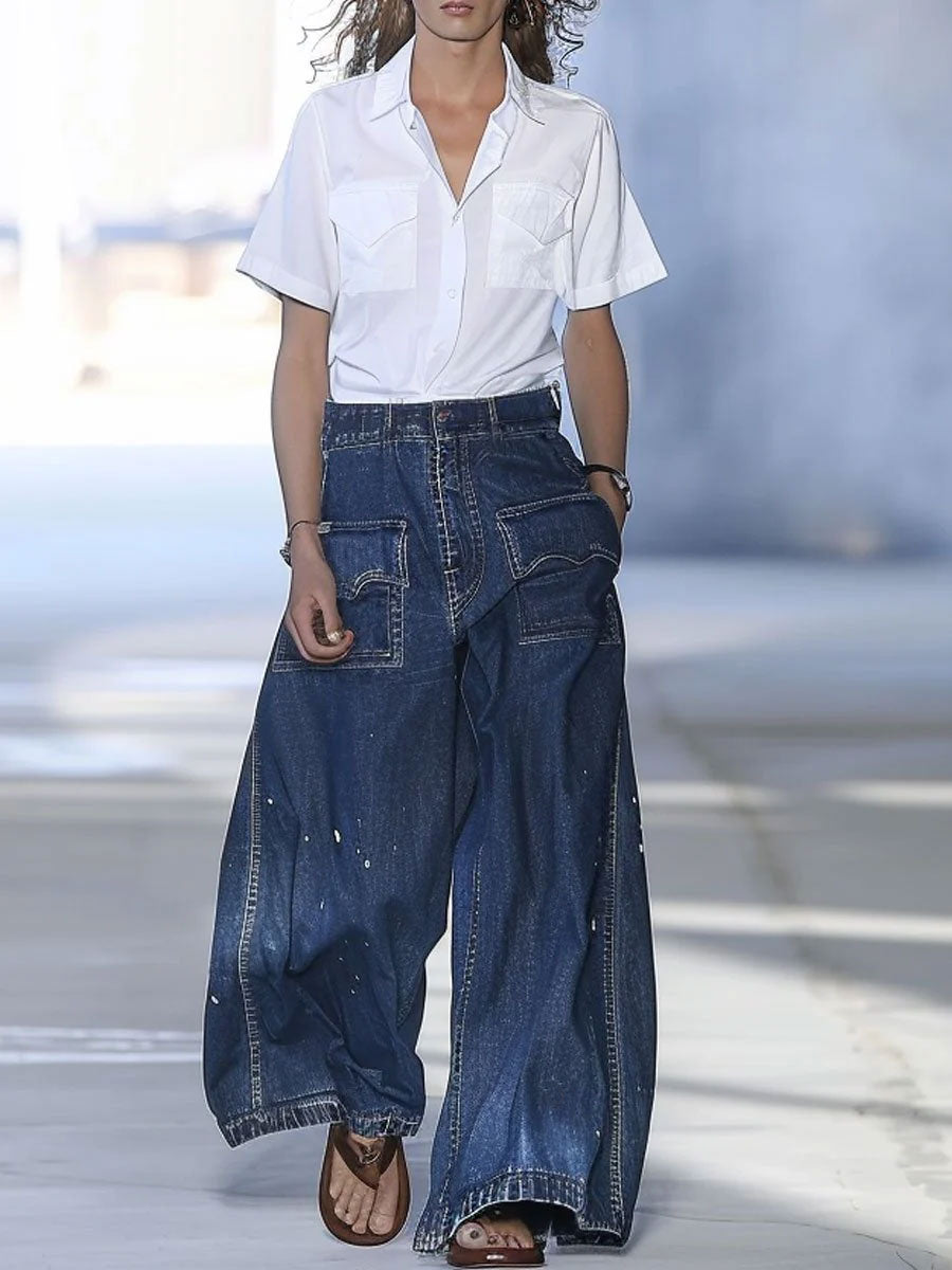Casual Loose Graffiti Multi-Pocket Jeans
