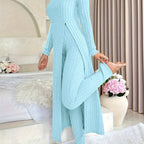 [Designer Ribbed Set] Women's Ribbed 2pcs Set | Designer Round Neck Split Long Sleeve Top and Pants for Spring and Autumn