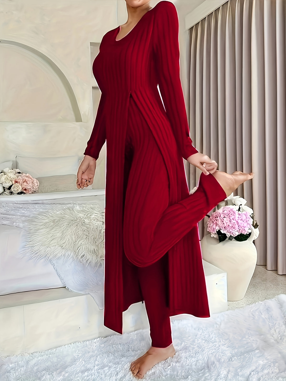 Autumn-Winter Casual Robe and Long Pants Set, High Slit Dress Set, Hair Needle Material, Suitable for Daily Wear, Home Casual Wear