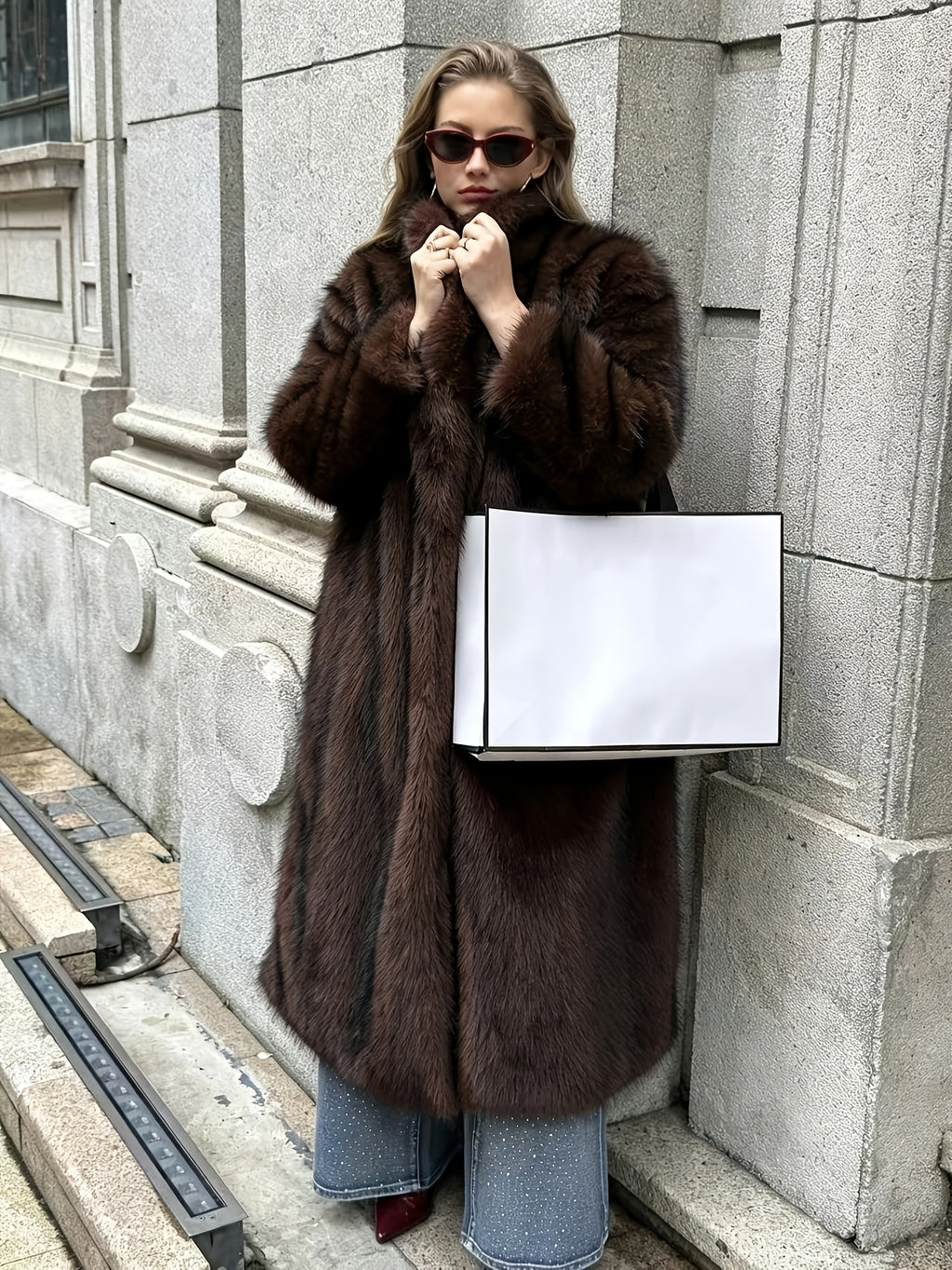 Fashionable High-End Temperament Versatile Thickened Warm Faux Mandarin Collar Loose Long Coat for Outing And Commuting, And Covering