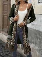 [Bohemian Fringed Cardigan Coat] American Western Bohemian Fringed Cardigan Women'S Retro Color-Block Geometric Pattern Hem Fringed Design Mid-Length Ethnic Style Coat