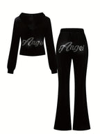 Spring/Summer Black Rhinestone Decorated Hooded Zipper Top and Pocket Pants Women's Casual Suit