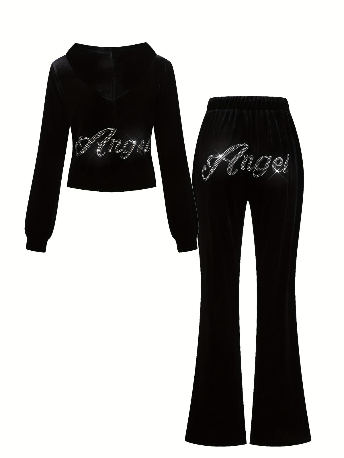 Spring/Summer Black Rhinestone Decorated Hooded Zipper Top and Pocket Pants Women's Casual Suit