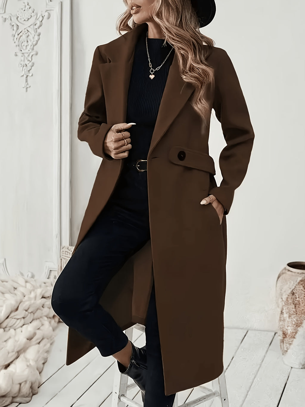 New Autumn/Winter Classic Notched Lapel Long for Women, Waist-Cinching with Tie Belt and Two-Button Design, Over-the-Knee Outerwear, Elegant Commuter Style, Draped and Structured Long-Sleeve with Side Pockets, Simple and Versatile, Slim Fit