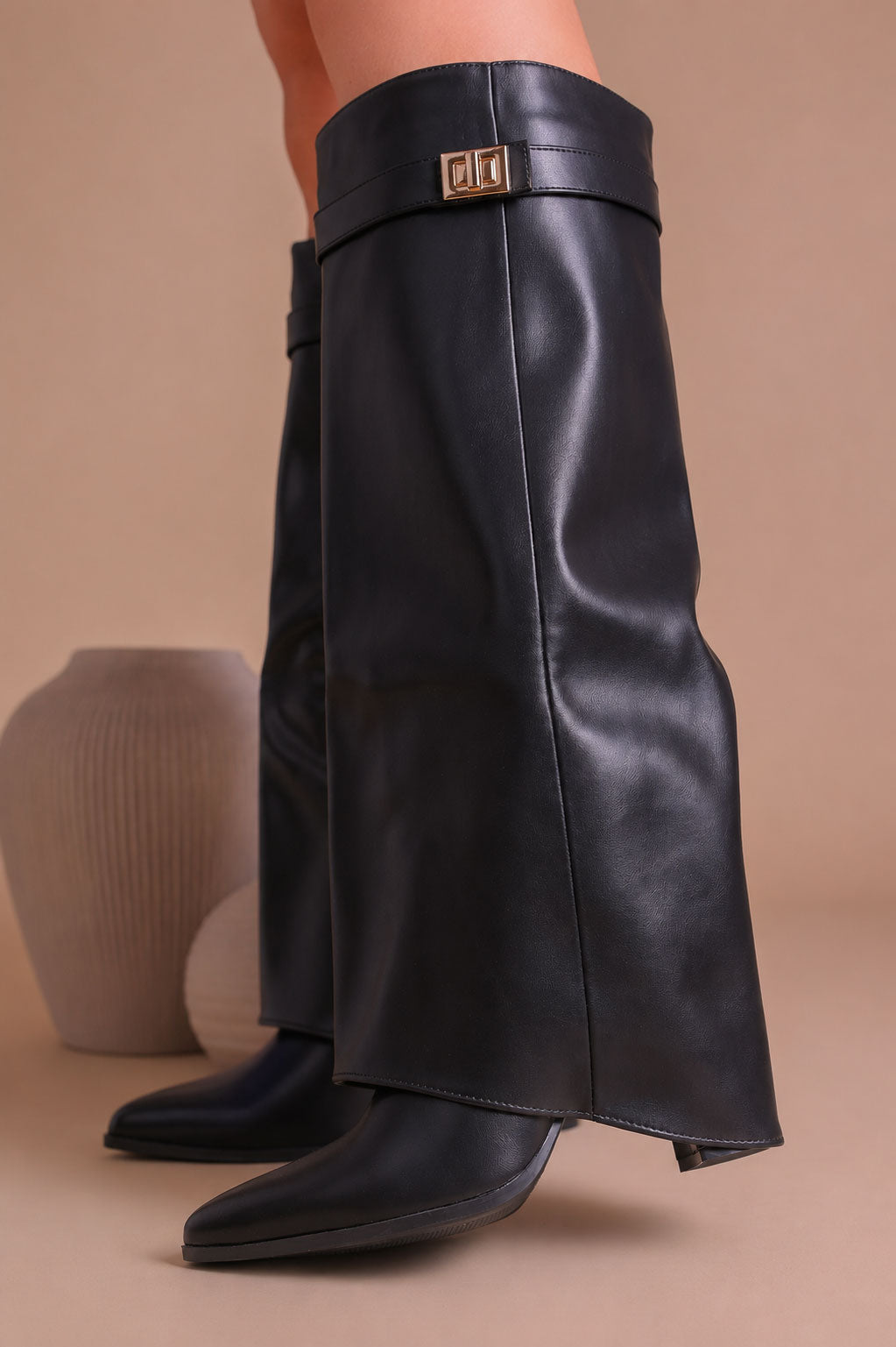 Black Leather Fold Over Shark Classic Buckle Knee High Boot