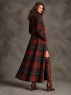 Women's Tartan Plaid Military Style Long Velvet Coat