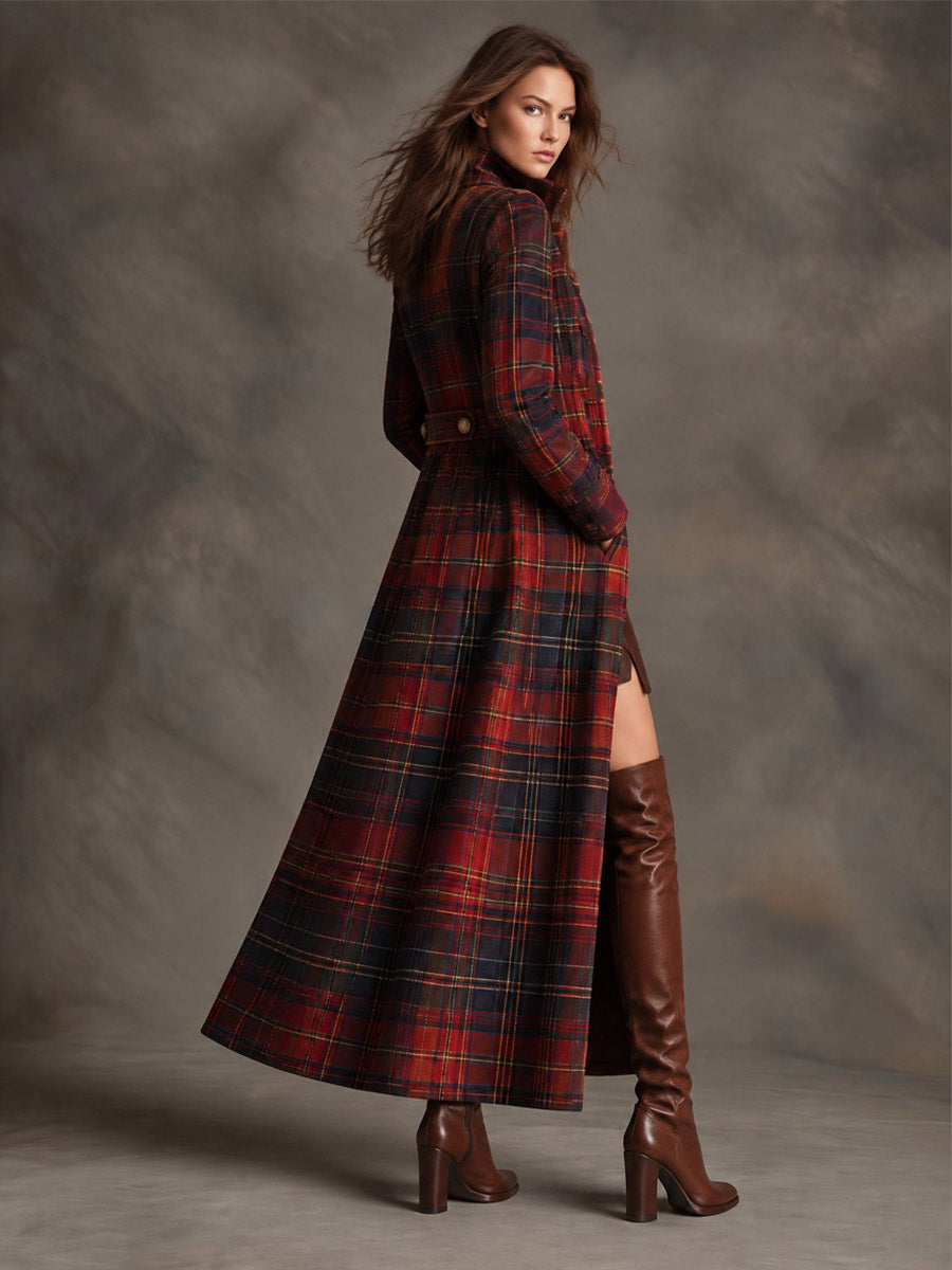 Women's Tartan Plaid Military Style Long Velvet Coat