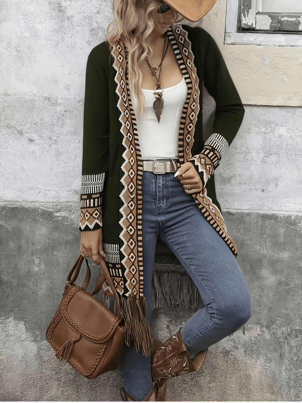 [Bohemian Fringed Cardigan Coat] American Western Bohemian Fringed Cardigan Women'S Retro Color-Block Geometric Pattern Hem Fringed Design Mid-Length Ethnic Style Coat