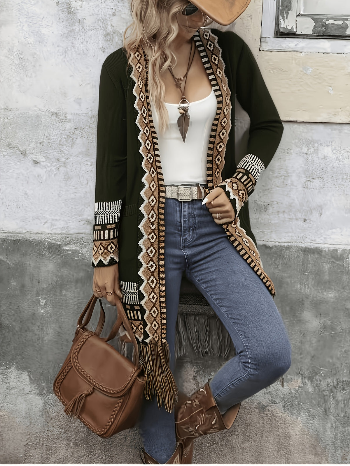 [Bohemian Fringed Cardigan Coat] American Western Bohemian Fringed Cardigan Women'S Retro Color-Block Geometric Pattern Hem Fringed Design Mid-Length Ethnic Style Coat