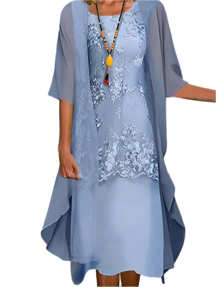 Cayenne | Lace Midi Dress with Sheer Sleeve Overlay for Women