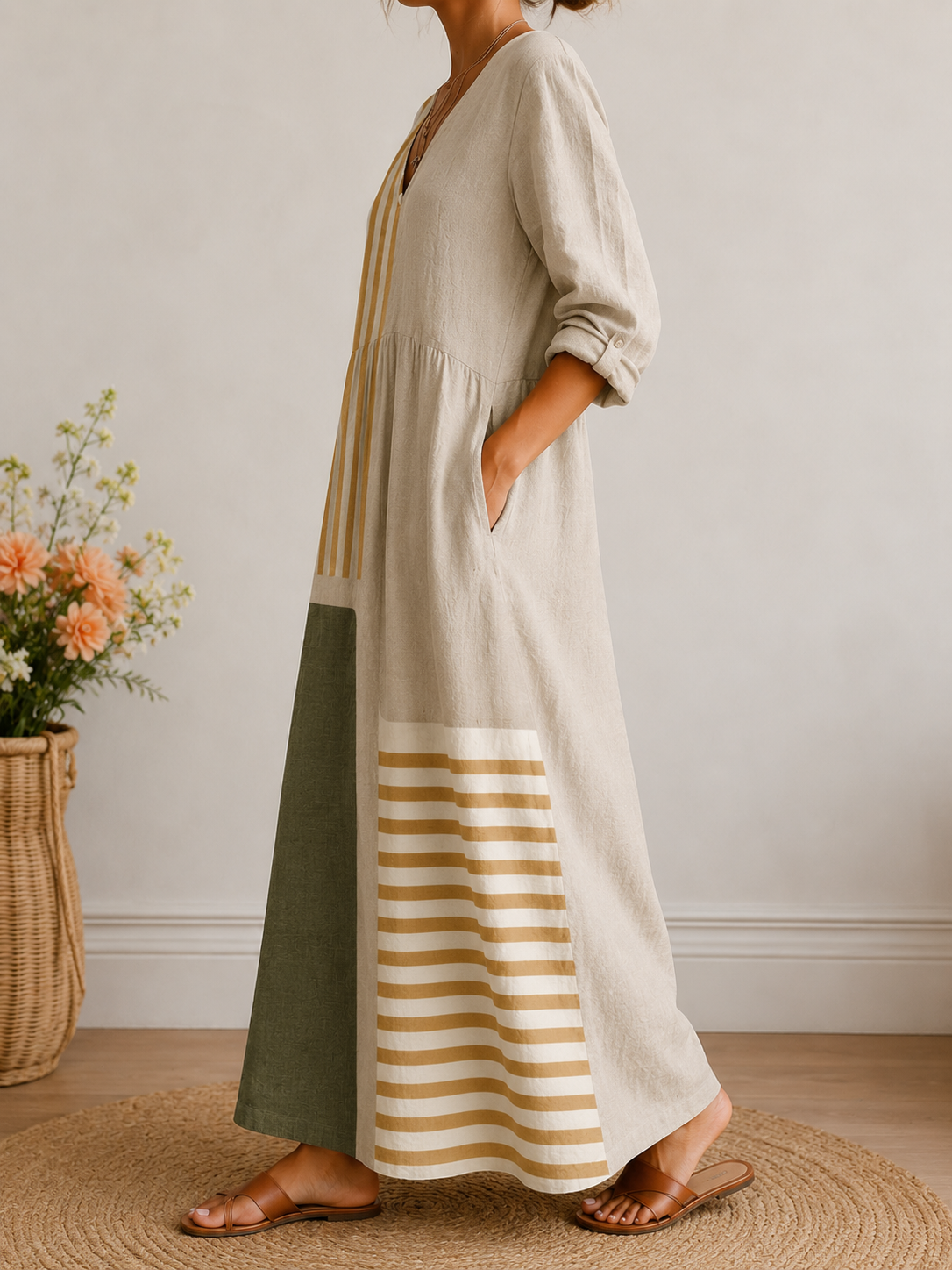 Nova | V-Neck Striped Linen Midi Dress for Women