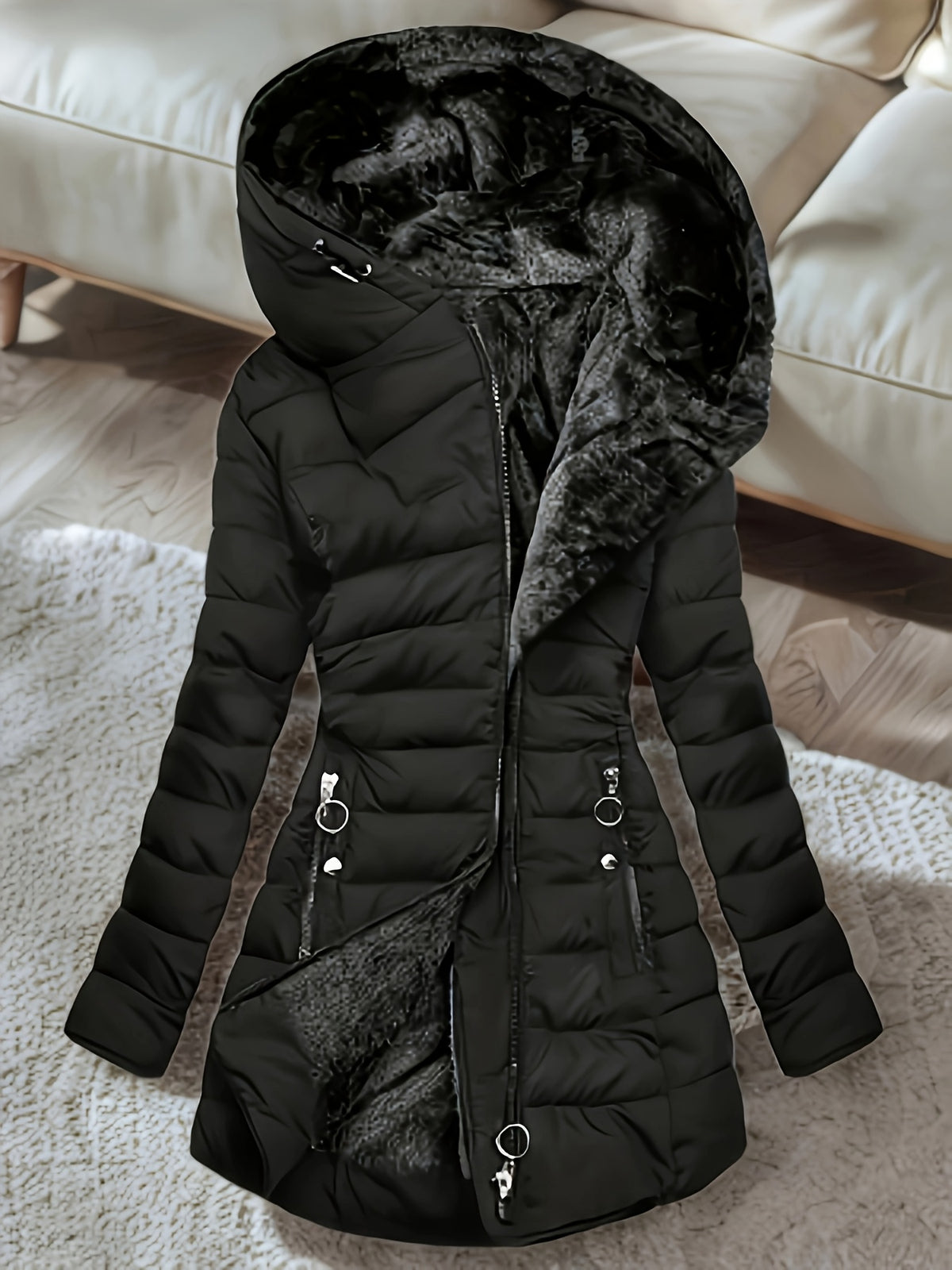 Women's Hooded Coat, Winter New Mid-Length Fleece-Lined Warm Loose, Selected Premium Fabric, Lightweight Warm Fashion Design, Contouring Fit, Suitable for Various Occasions, Whether Urban Commute Or Outdoor Leisure, Showcasing Your Unique Charm