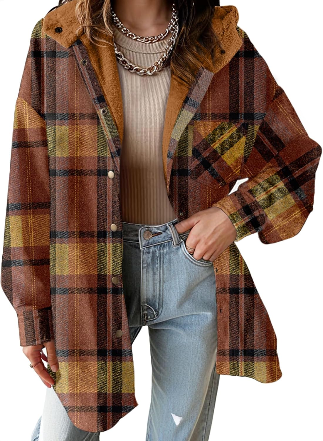 Hooded Fleece Plaid Shacket