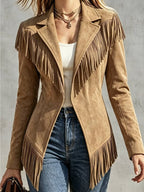 Women'S Casual Fringed Lapel Fitted Long-Sleeve Jacket - Retro And Versatile for Fall And Winter - Affordable Women'S Tops - Fall Women'S Clothing - Halloween Costumes for Women