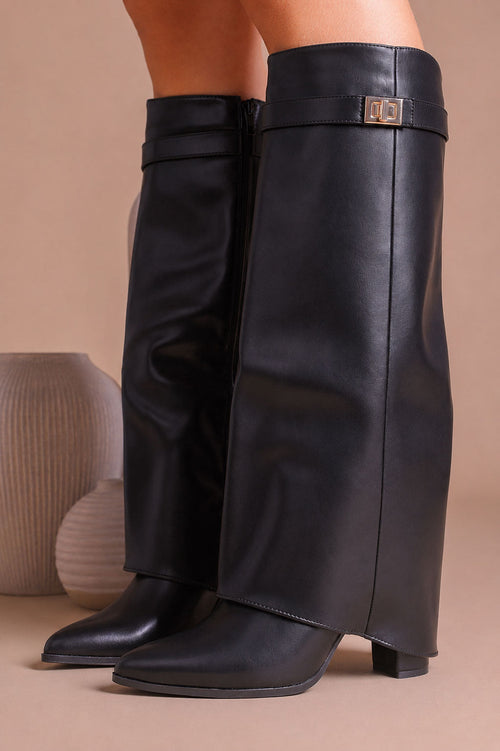 Black Leather Fold Over Shark Classic Buckle Knee High Boot